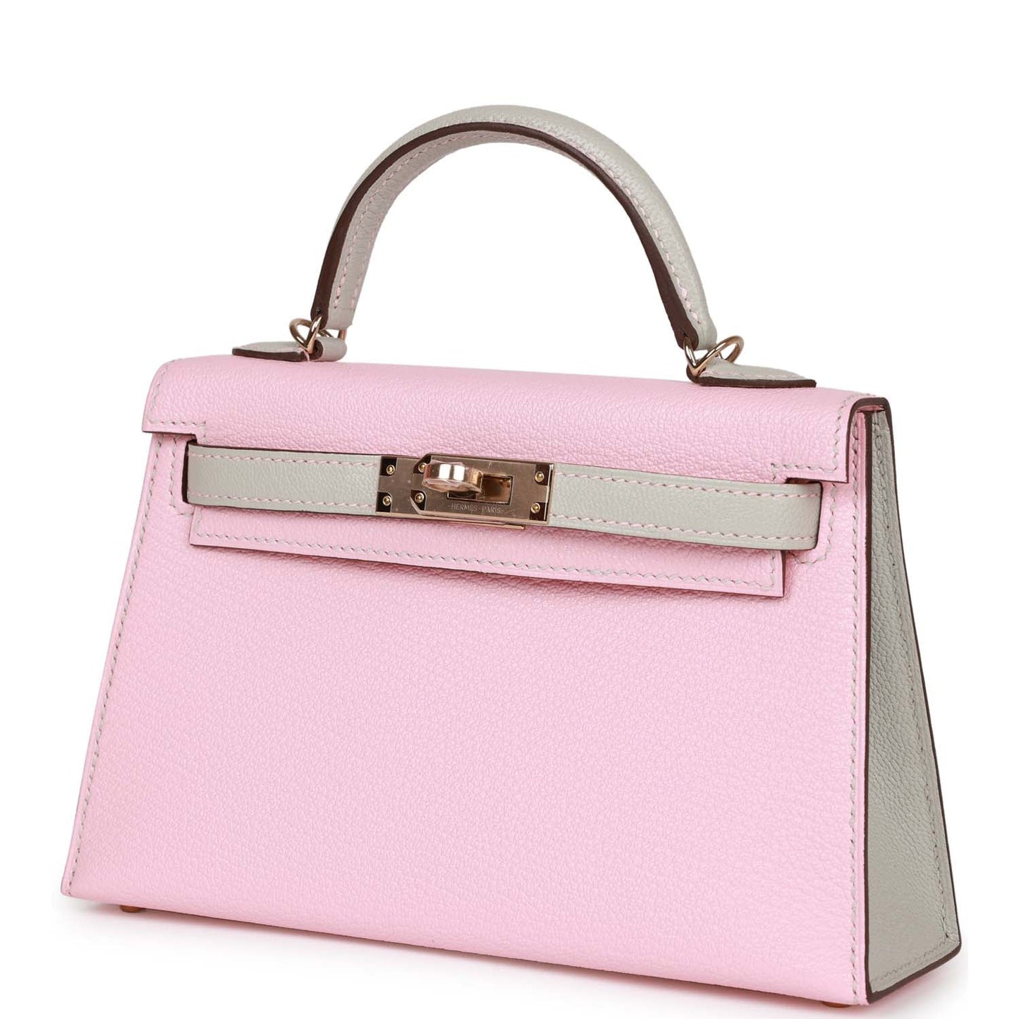 Hermes Kelly 20 Rose Sakura and Gris Perle Chevre Mysore Permabrass