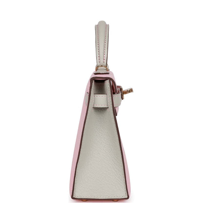 Hermes Kelly 20 Rose Sakura and Gris Perle Chevre Mysore Permabrass