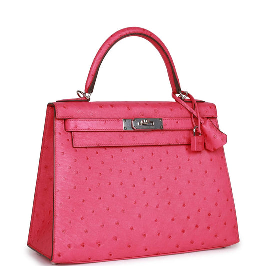 Hermes Kelly 28  Sellier Rose Tyrien Ostrich Palladium Hardware