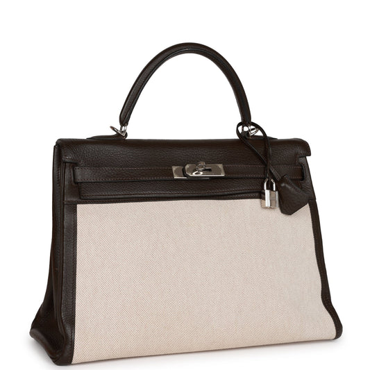 Hermes Kelly 35 Retourne Ebene Clemence and Toile H Palladium Hardware