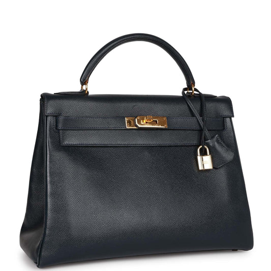Hermes Kelly 32 Retourne Bleu Marine Courchevel Gold Hardware
