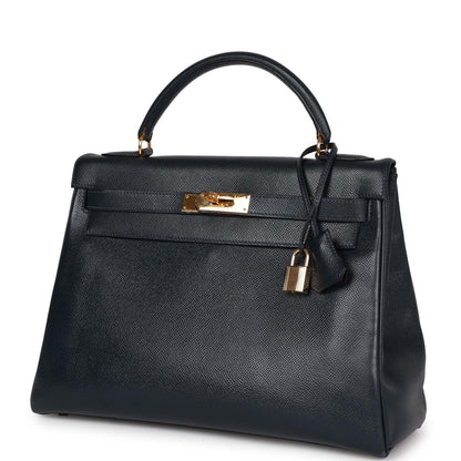 Hermes Kelly 32 Retourne Bleu Marine Courchevel Gold Hardware