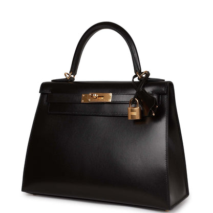 Hermes Kelly 28 Sellier Black Box Gold Hardware