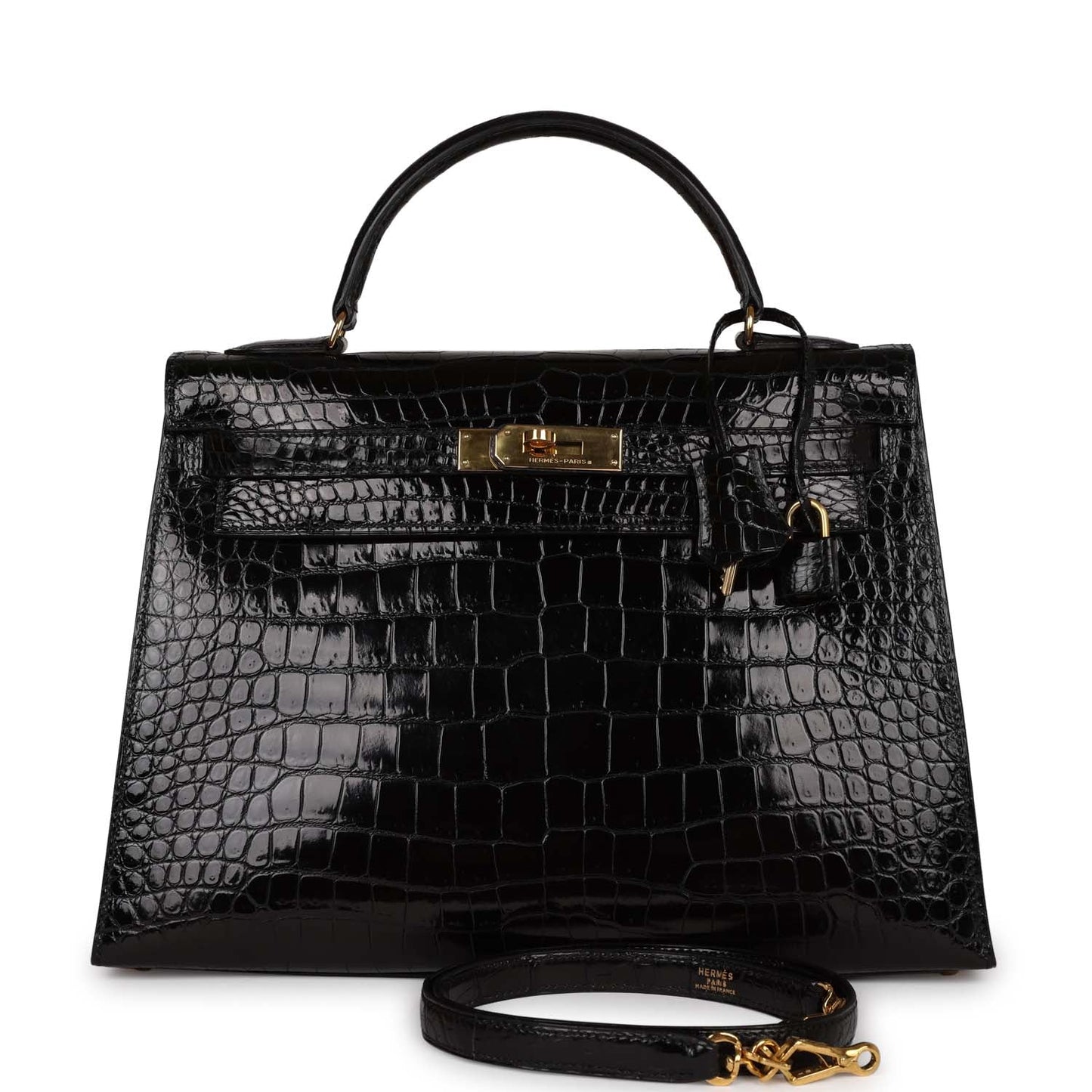 Hermes Kelly 32 Sellier Black Shiny Niloticus Crocodile Gold Hardware