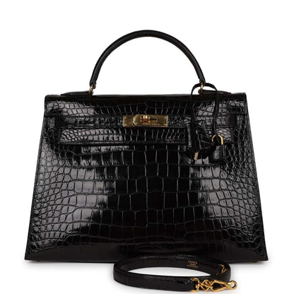 Hermes Kelly 32 Sellier Black Shiny Niloticus Crocodile Gold Hardware