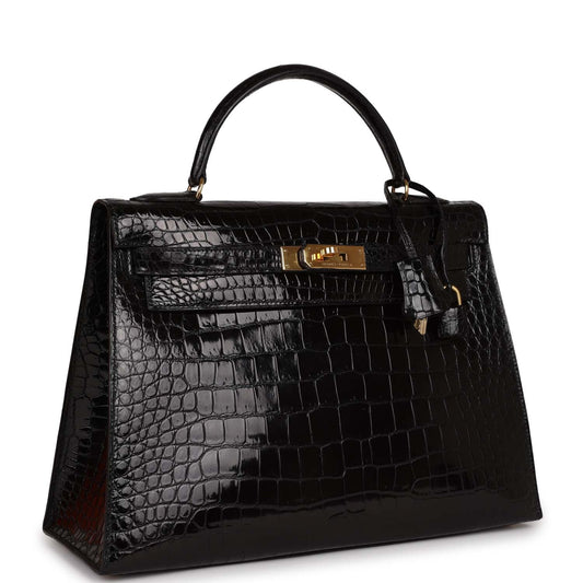 Hermes Kelly 32 Sellier Black Shiny Niloticus Crocodile Gold Hardware