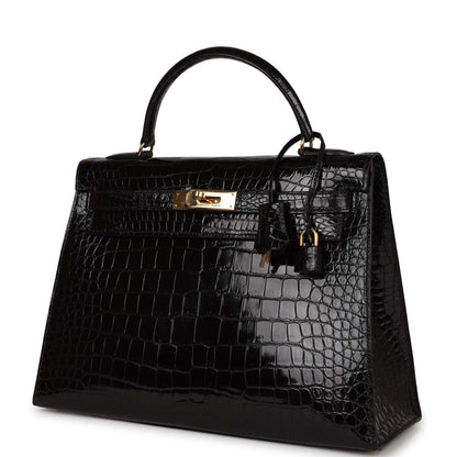 Hermes Kelly 32 Sellier Black Shiny Niloticus Crocodile Gold Hardware