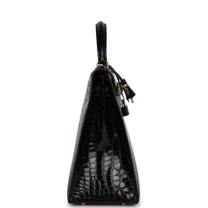 Hermes Kelly 32 Sellier Black Shiny Niloticus Crocodile Gold Hardware