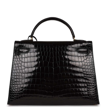 Hermes Kelly 32 Sellier Black Shiny Niloticus Crocodile Gold Hardware
