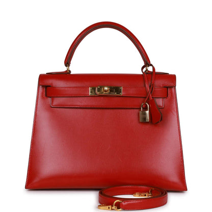 Hermes Kelly 28 Sellier Rouge Vif Box Gold Hardware