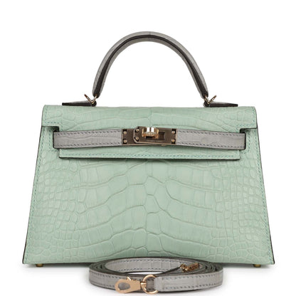 Hermes Special Order (HSS) Kelly 20 Sellier Vert D'Eau and Gris Perle Matte Alligator Permabrass Hardware