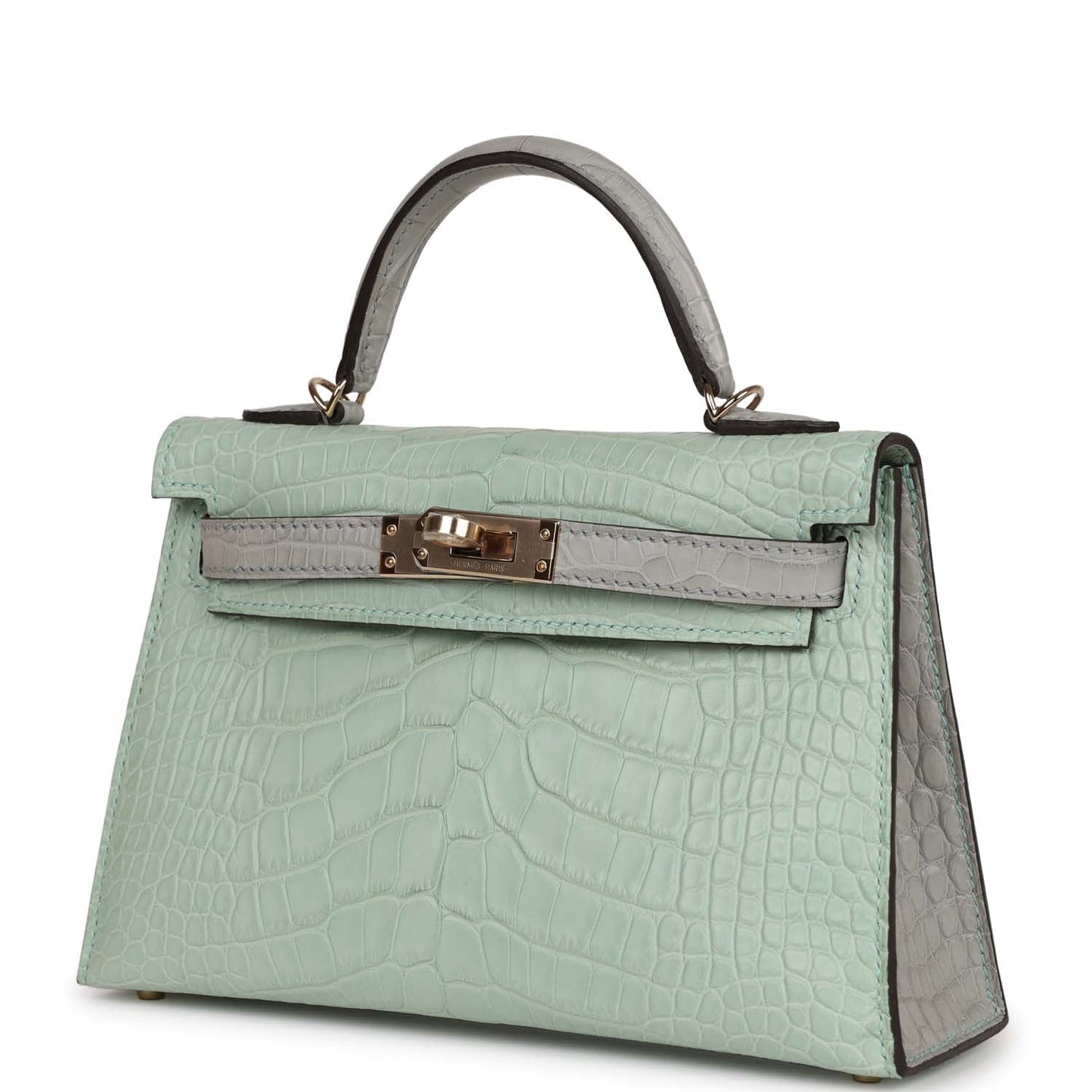 Hermes Special Order (HSS) Kelly 20 Sellier Vert D'Eau and Gris Perle Matte Alligator Permabrass Hardware