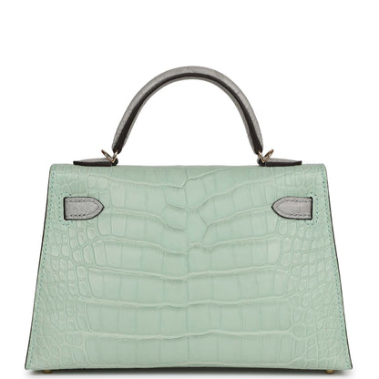Hermes Special Order (HSS) Kelly 20 Sellier Vert D'Eau and Gris Perle Matte Alligator Permabrass Hardware