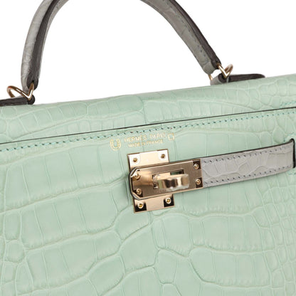 Hermes Special Order (HSS) Kelly 20 Sellier Vert D'Eau and Gris Perle Matte Alligator Permabrass Hardware