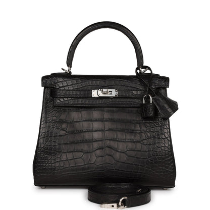 Hermes Kelly 25 Retourne Black Matte Alligator Palladium Hardware