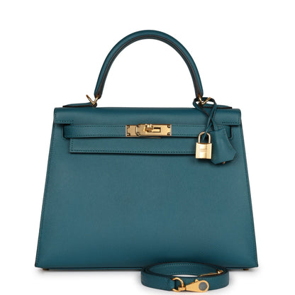 Hermes Kelly 28 Sellier Vert Bosphore Epsom Gold Hardware
