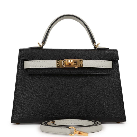 Hermes HSS Kelly 20 Sellier Black and Gris Perle Chevre Mysore Gold Hardware