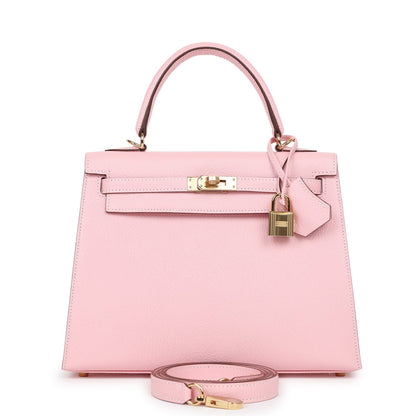 Hermes Kelly 25 Sellier Rose Sakura Chevre Permabrass Hardware