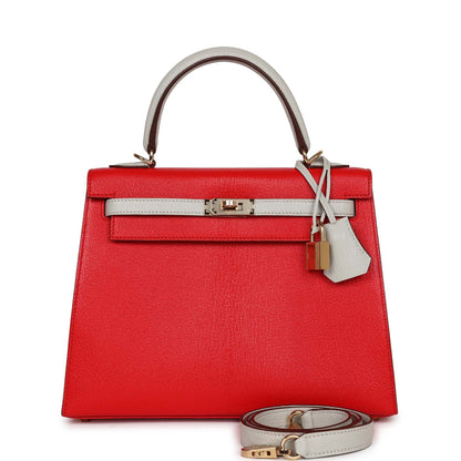 Hermes Kelly 25 Sellier Rouge De Coeur and Gris Perle Chevre Mysore Permabrass Hardware