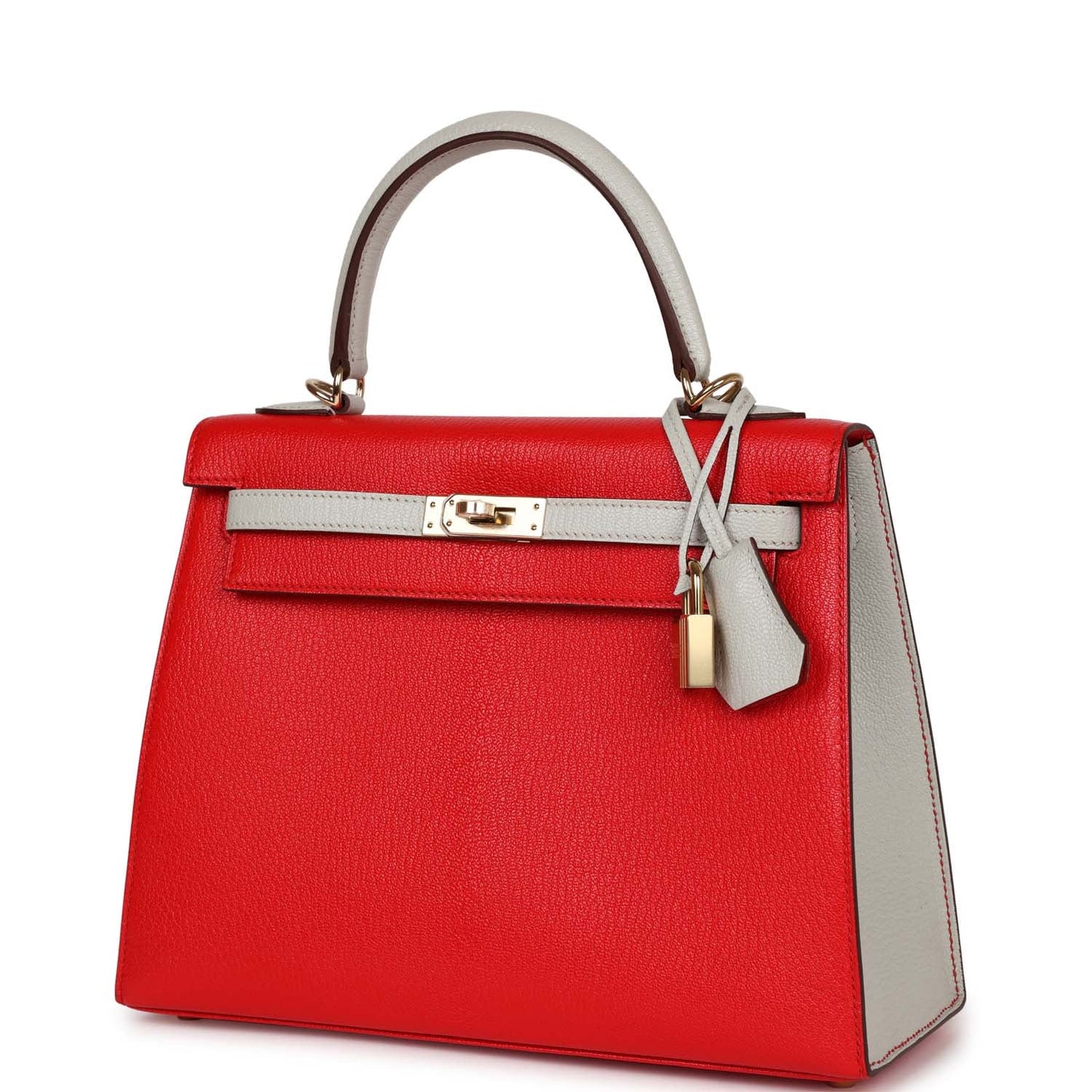 Hermes Kelly 25 Sellier Rouge De Coeur and Gris Perle Chevre Mysore Permabrass Hardware