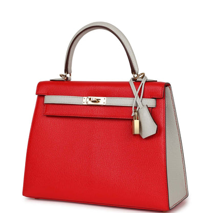 Hermes Kelly 25 Sellier Rouge De Coeur and Gris Perle Chevre Mysore Permabrass Hardware