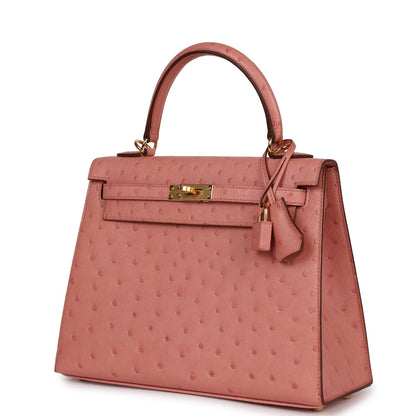 Hermes Kelly 25 Sellier Terre Cuite Ostrich Gold Hardware