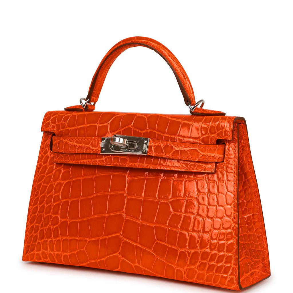 Hermes Kelly 20 Sellier Orange Poppy Shiny Alligator Palladium Hardware