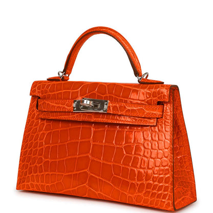 Hermes Kelly 20 Sellier Orange Poppy Shiny Alligator Palladium Hardware