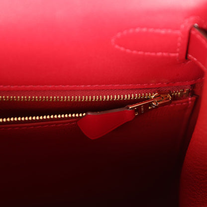 Hermes Kelly 28 Sellier Rouge Vif Tadelakt Gold Hardware