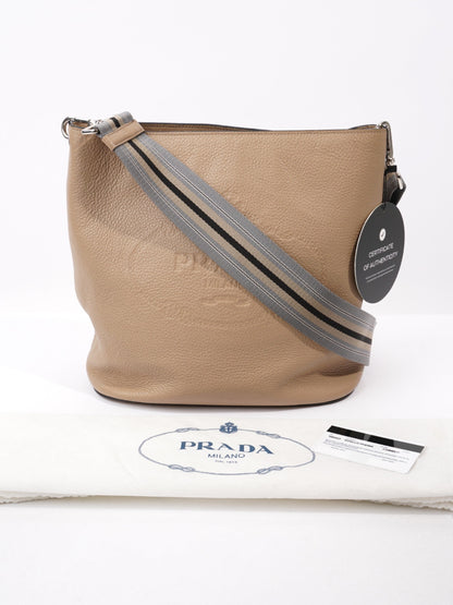 Prada Logo Bucket Bag Neutral Leather Medium