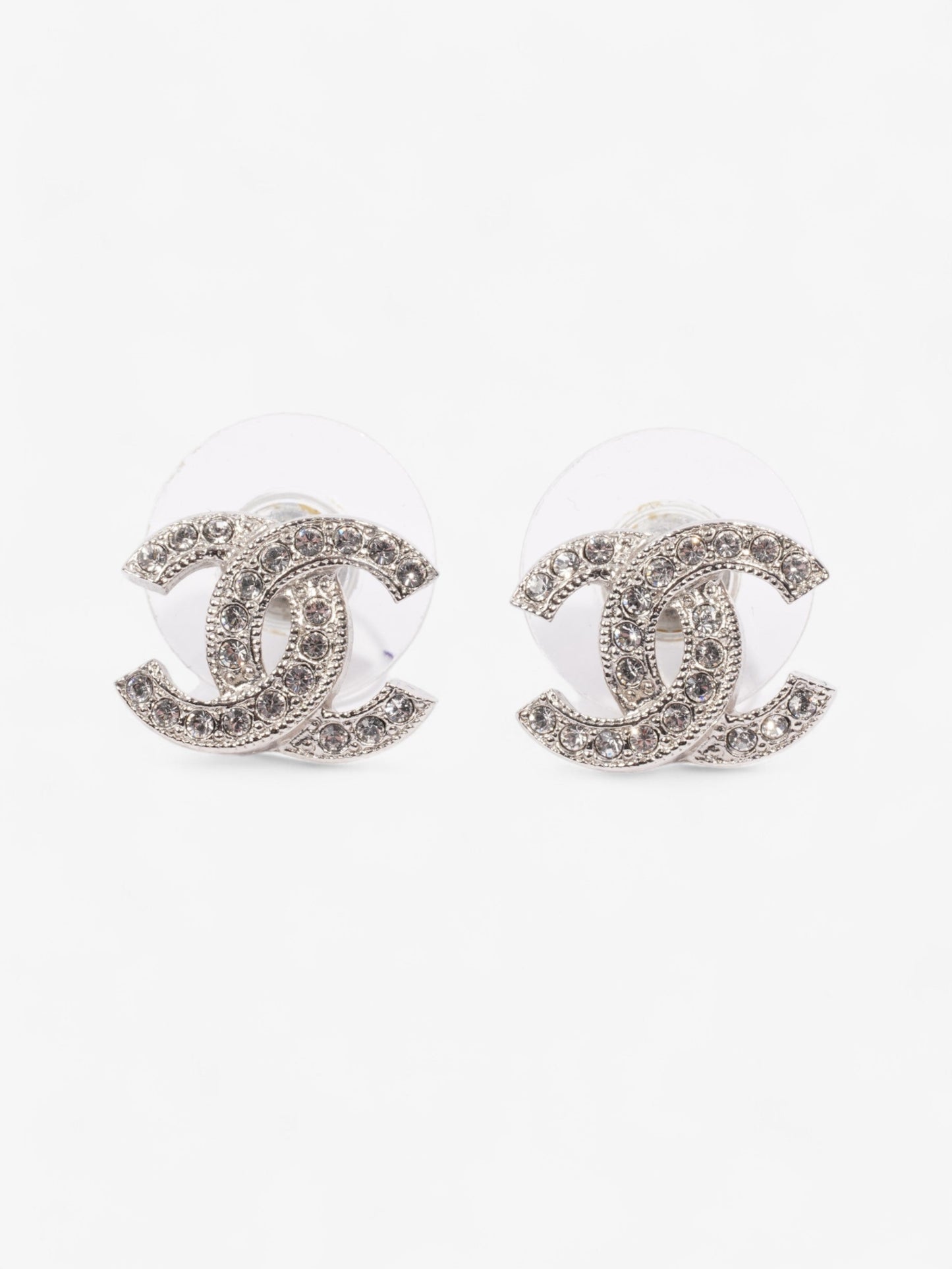 Chanel CC Crystal Stud Earrings Silver / White Base Metal
