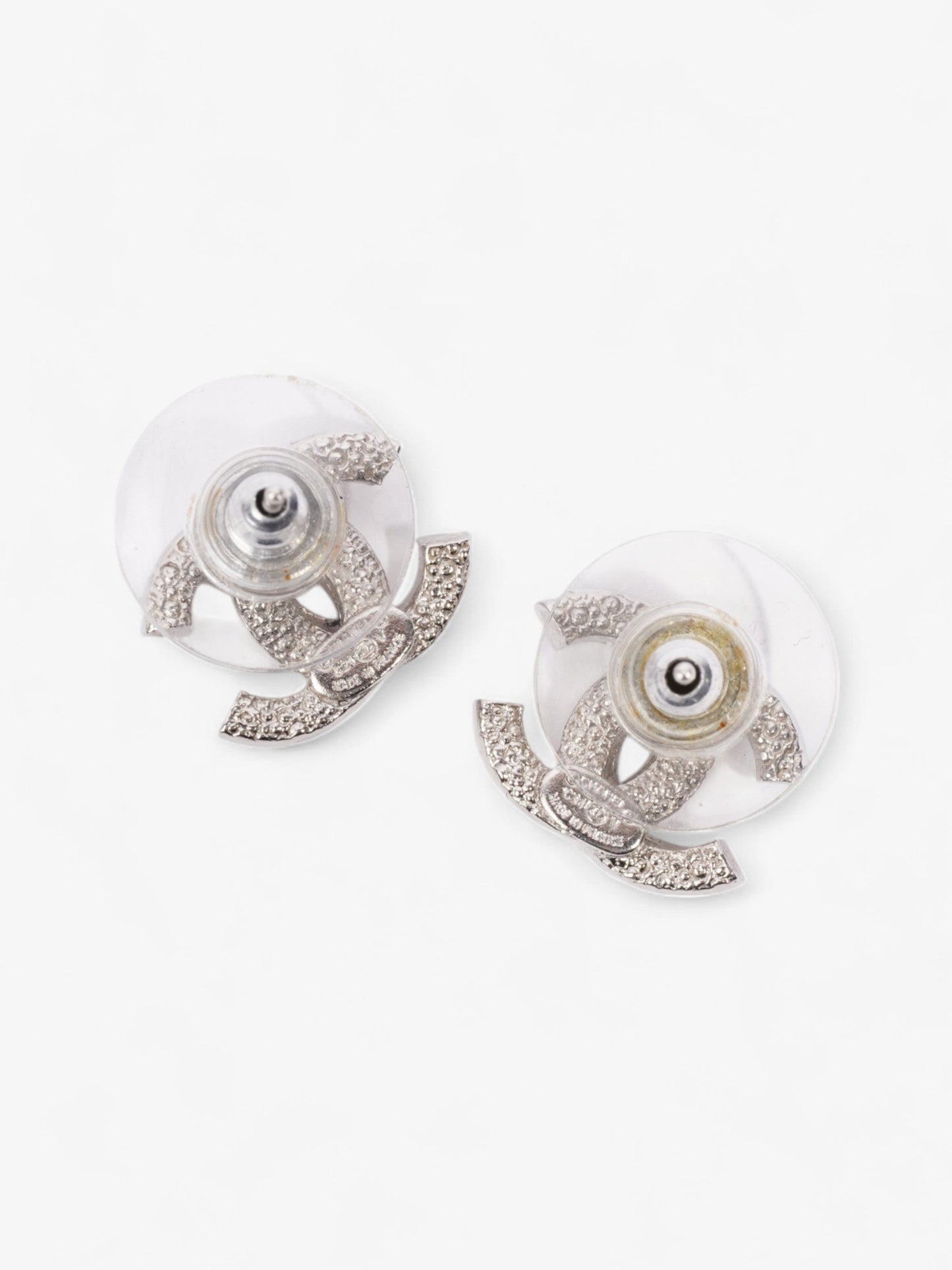 Chanel CC Crystal Stud Earrings Silver / White Base Metal