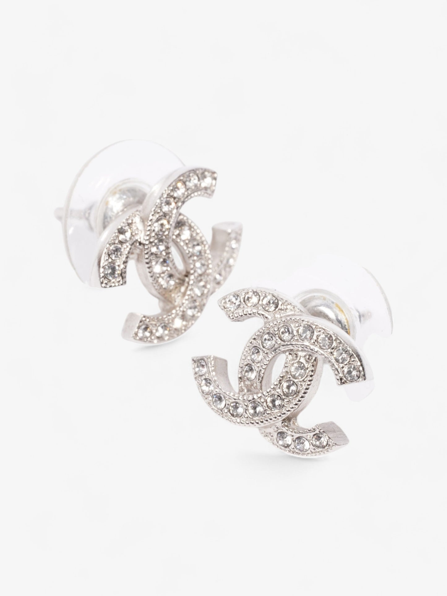 Chanel CC Crystal Stud Earrings Silver / White Base Metal