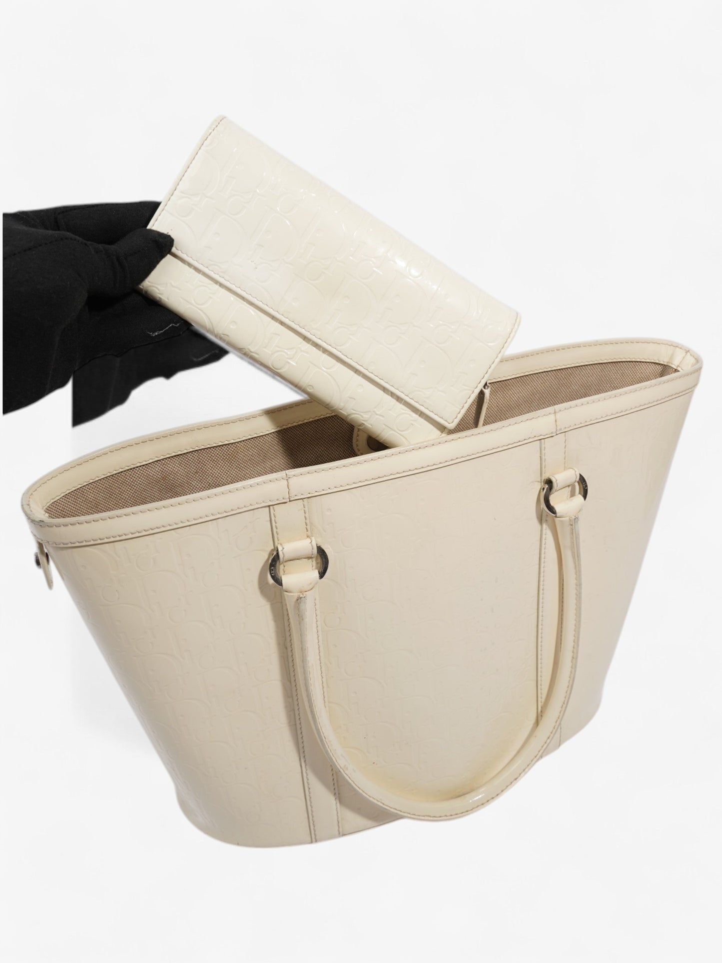 Christian Dior Tote Bag Off White Patent Leather