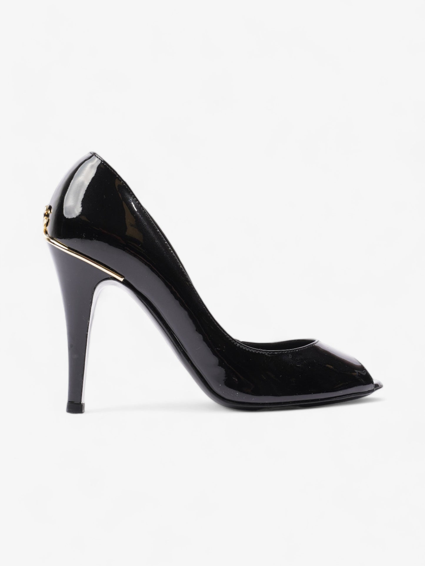 Chanel CC Logo Peep Toe Heels 85mm Black Patent Leather EU 38.5 UK 5.5