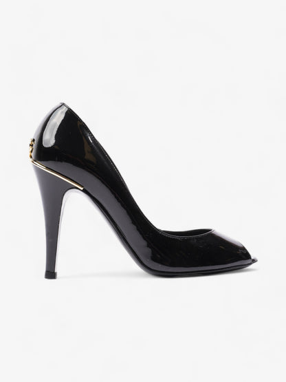 Chanel CC Logo Peep Toe Heels 85mm Black Patent Leather EU 38.5 UK 5.5