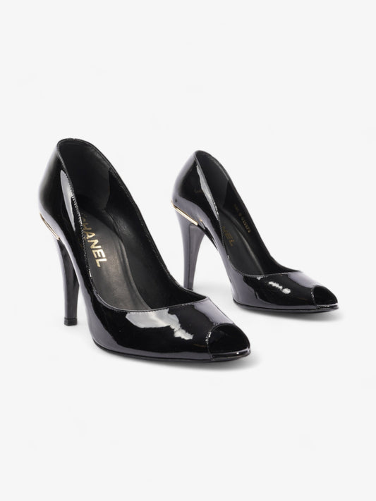 Chanel CC Logo Peep Toe Heels 85mm Black Patent Leather EU 38.5 UK 5.5