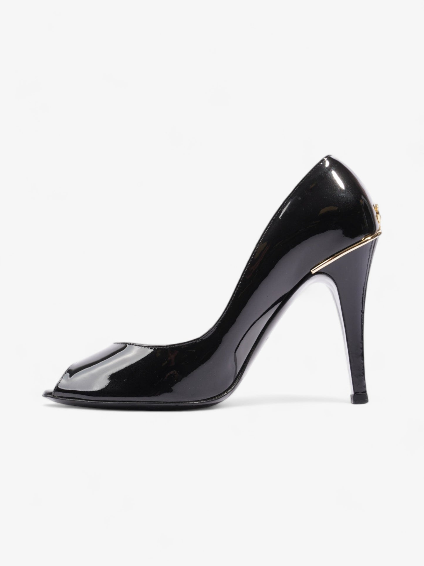 Chanel CC Logo Peep Toe Heels 85mm Black Patent Leather EU 38.5 UK 5.5