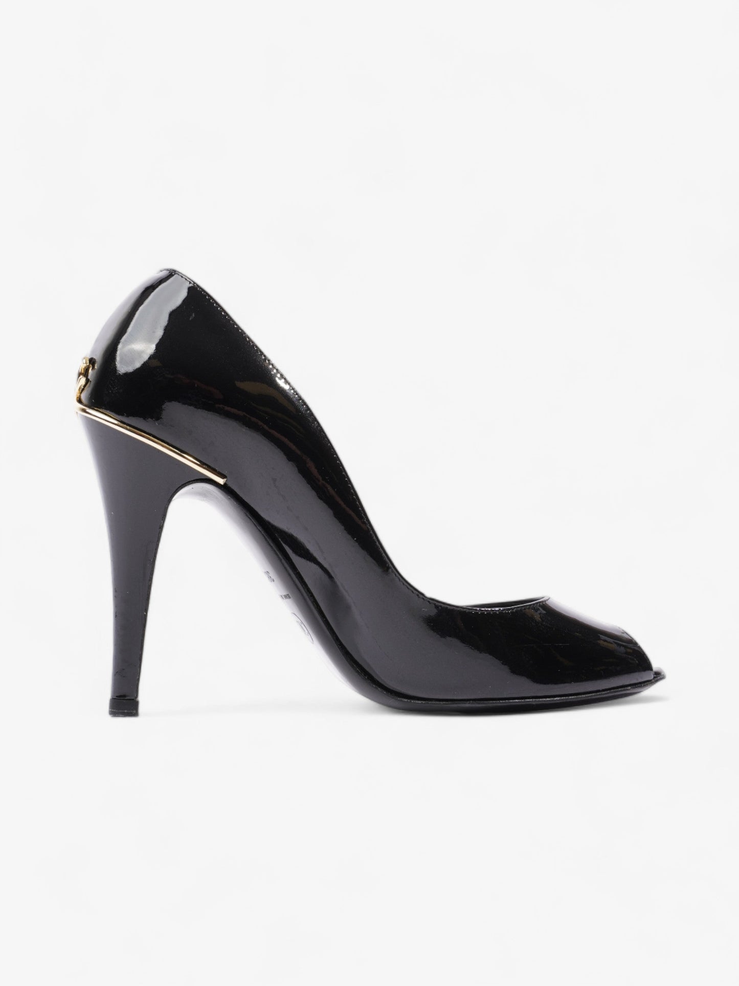 Chanel CC Logo Peep Toe Heels 85mm Black Patent Leather EU 38.5 UK 5.5