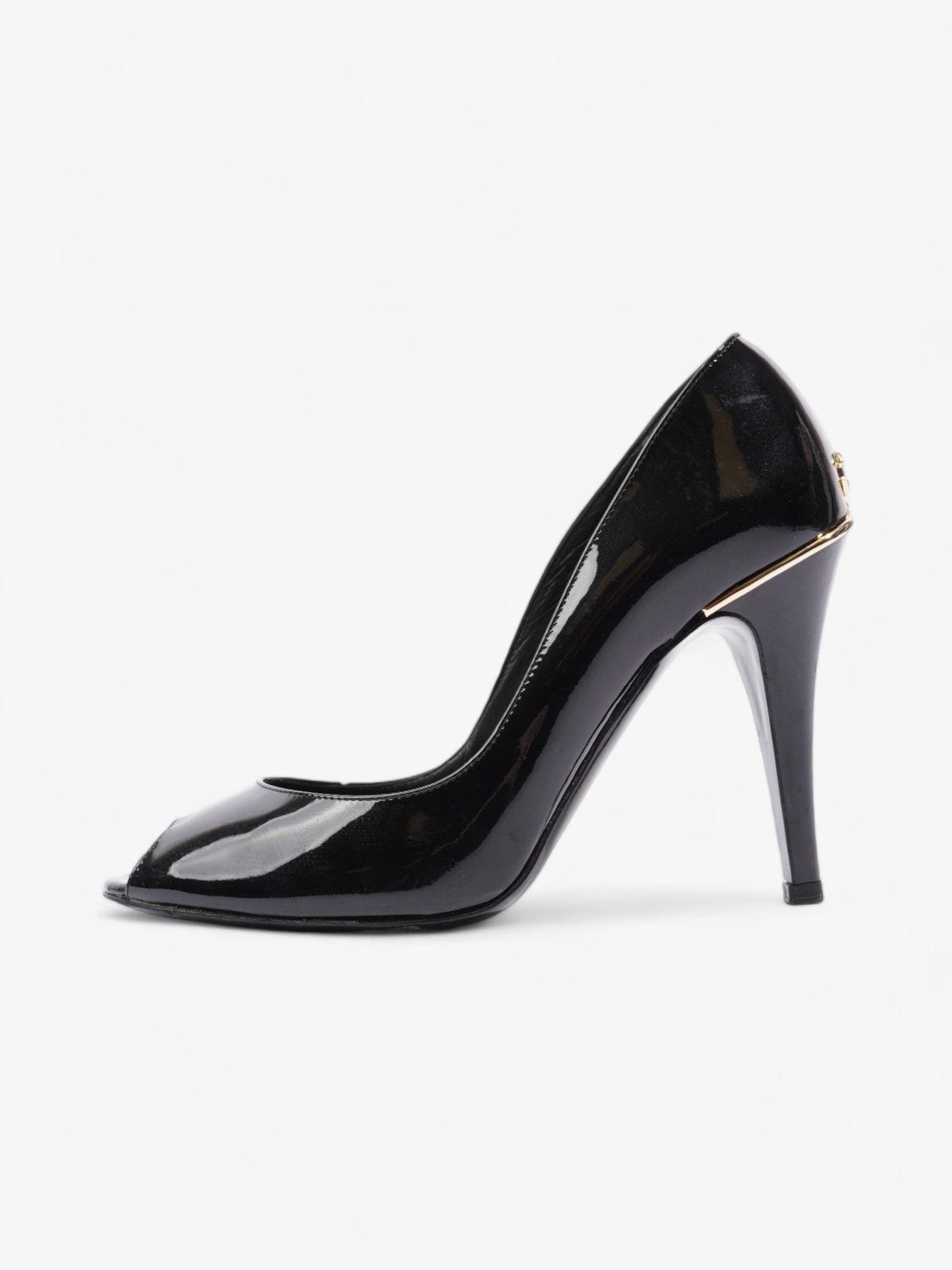 Chanel CC Logo Peep Toe Heels 85mm Black Patent Leather EU 38.5 UK 5.5