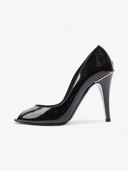 Chanel CC Logo Peep Toe Heels 85mm Black Patent Leather EU 38.5 UK 5.5