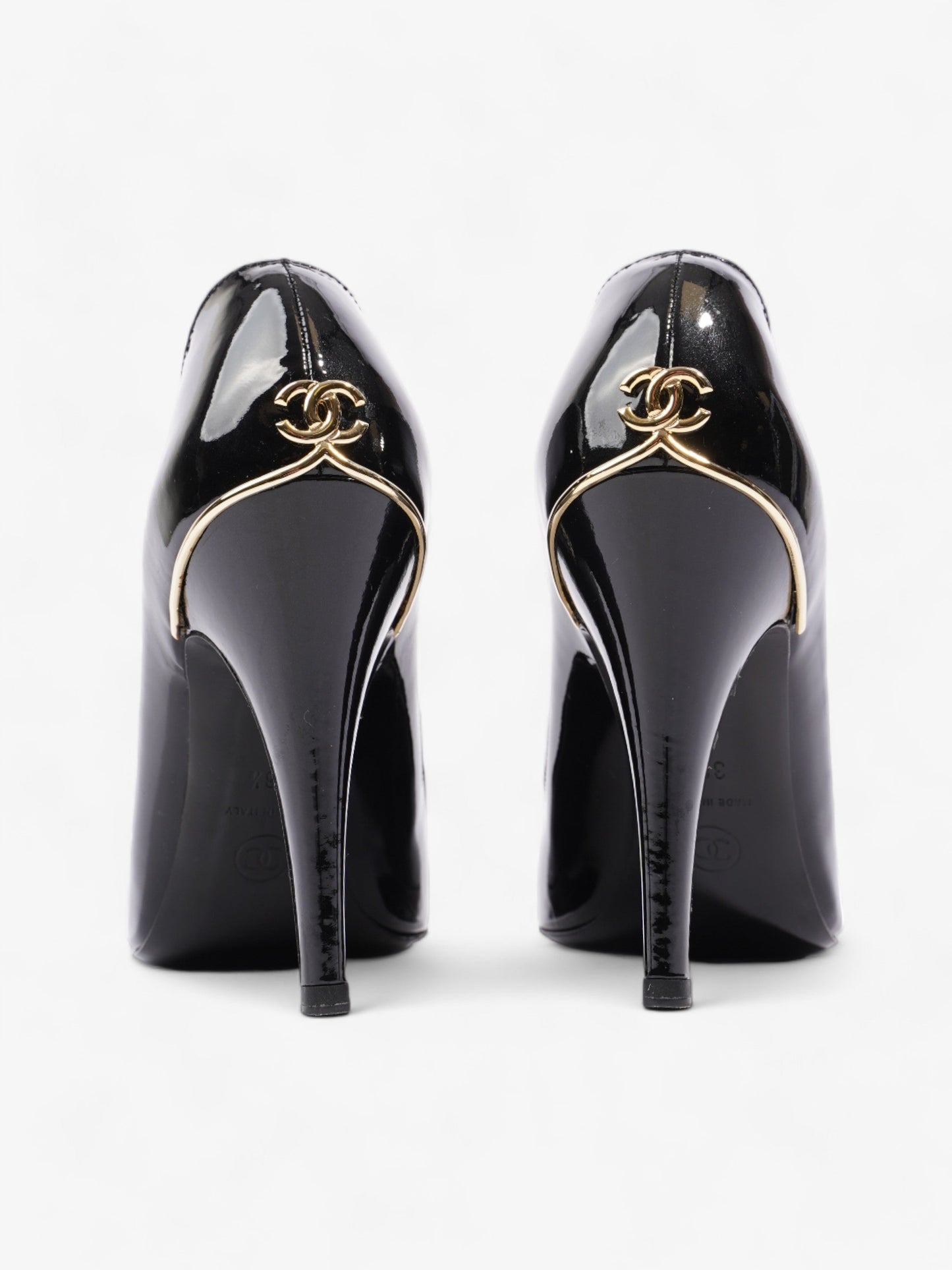 Chanel CC Logo Peep Toe Heels 85mm Black Patent Leather EU 38.5 UK 5.5