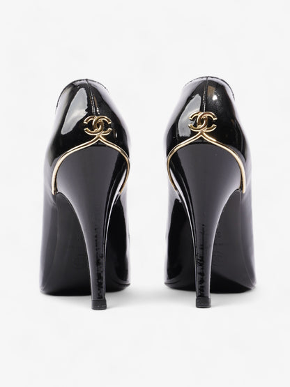Chanel CC Logo Peep Toe Heels 85mm Black Patent Leather EU 38.5 UK 5.5