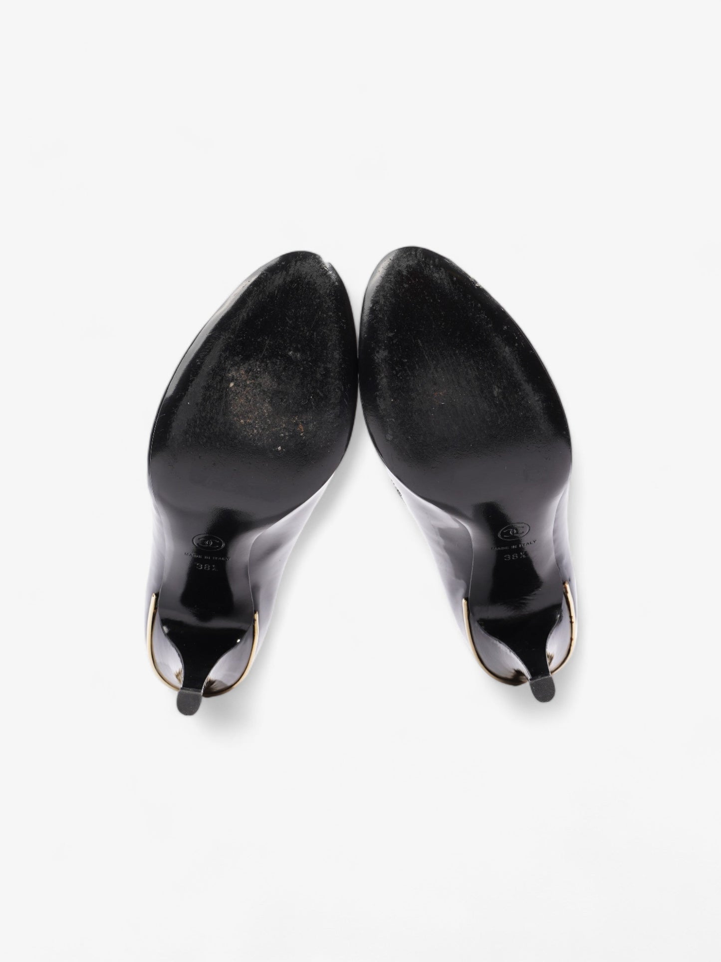 Chanel CC Logo Peep Toe Heels 85mm Black Patent Leather EU 38.5 UK 5.5