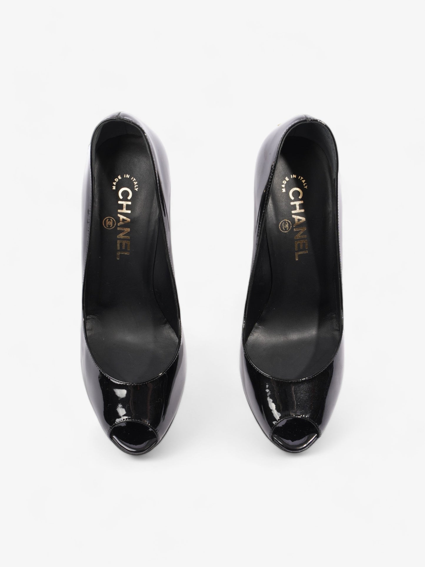 Chanel CC Logo Peep Toe Heels 85mm Black Patent Leather EU 38.5 UK 5.5