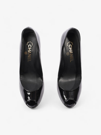Chanel CC Logo Peep Toe Heels 85mm Black Patent Leather EU 38.5 UK 5.5