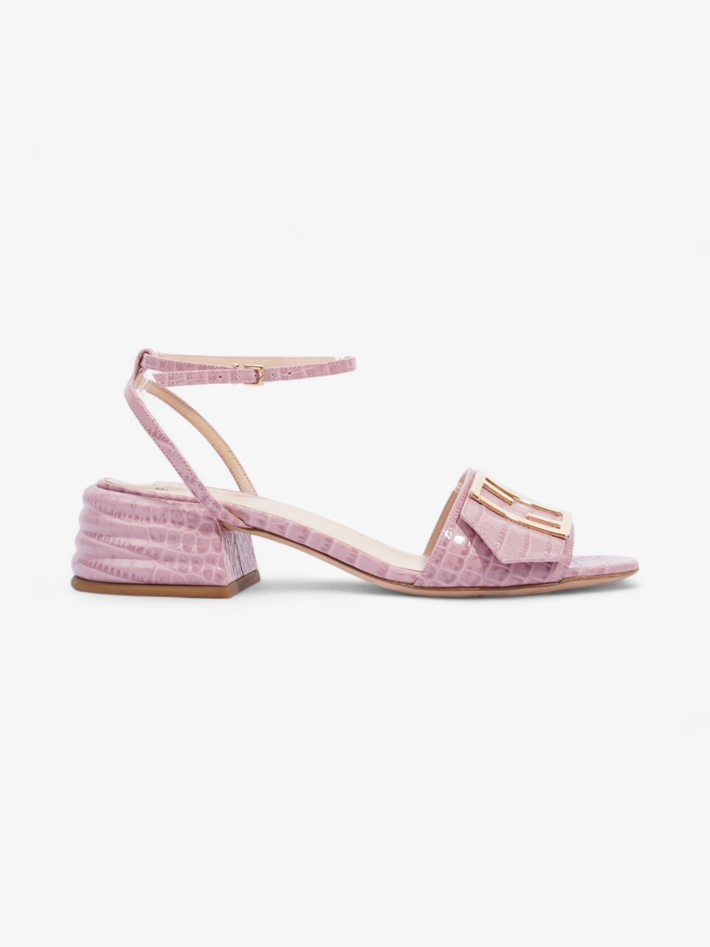 Fendi Promenade Ankle Strap Sandals 40mm Pink / Gold Embossed Leather EU 39 UK 6