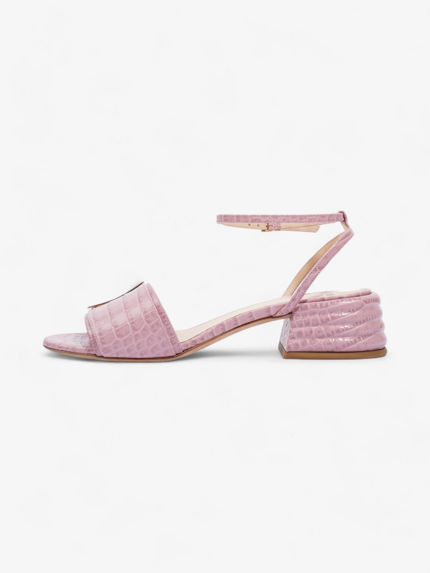 Fendi Promenade Ankle Strap Sandals 40mm Pink / Gold Embossed Leather EU 39 UK 6