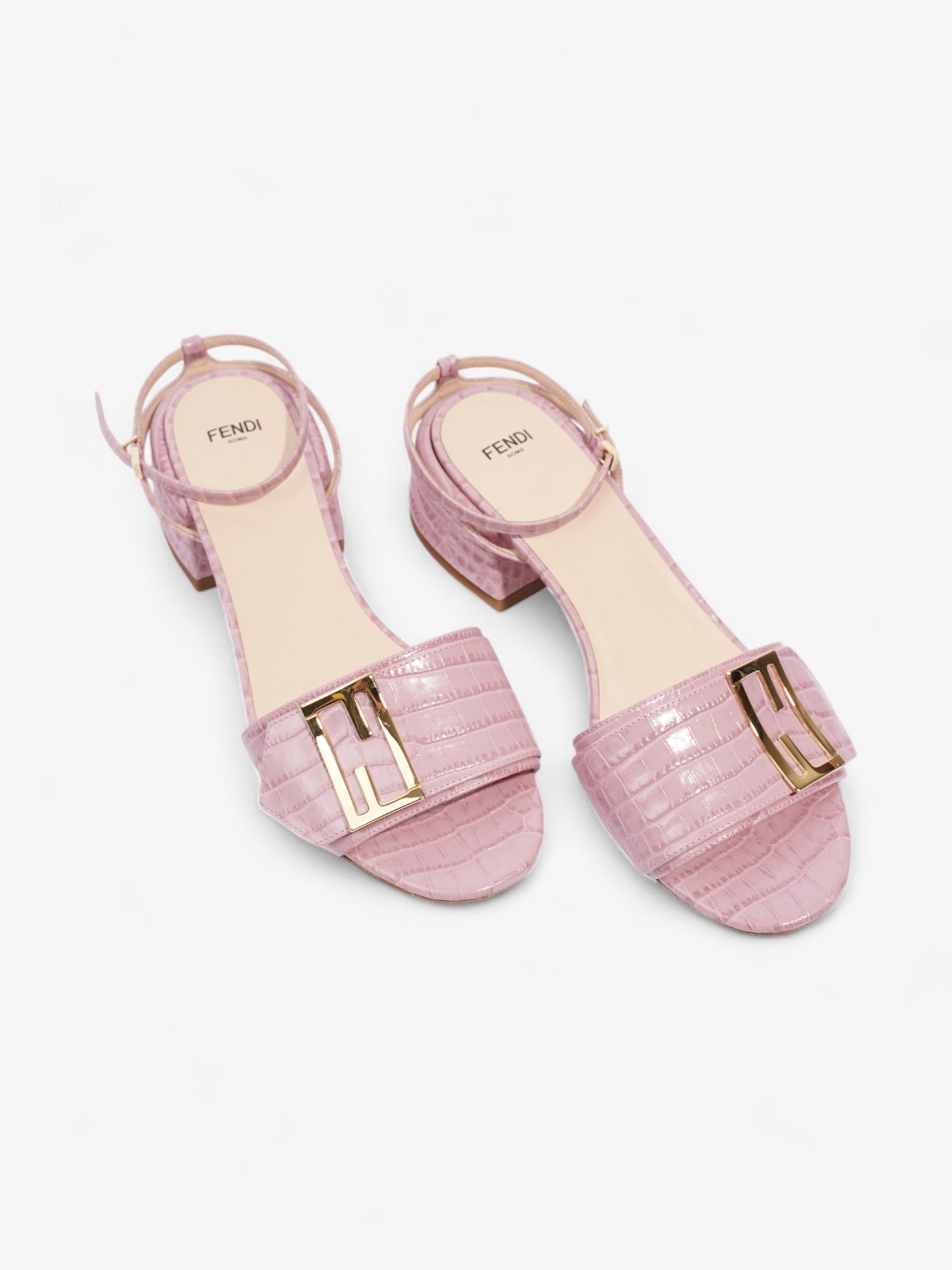 Fendi Promenade Ankle Strap Sandals 40mm Pink / Gold Embossed Leather EU 39 UK 6