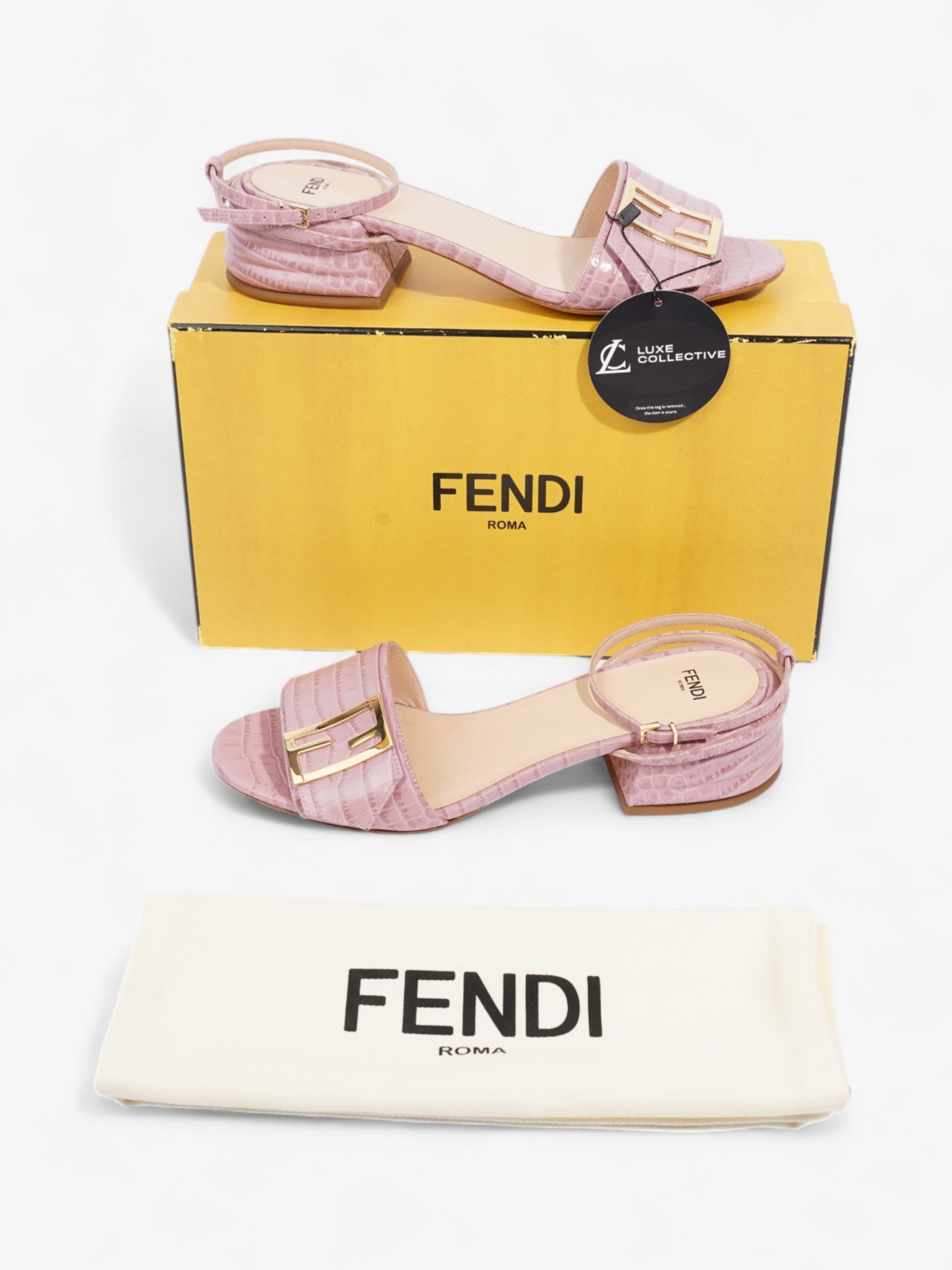 Fendi Promenade Ankle Strap Sandals 40mm Pink / Gold Embossed Leather EU 39 UK 6